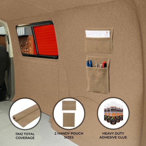 Camper Van Lining 2 Storage Pouches & 5 Cans Adhesive Glue Beige Carpet 4 Way Stretch 2m Wide 11m2 Coverage Car Motorhome Vehicle Interior Campervan Conversion 2 Size Tool Document Pocket Organiser