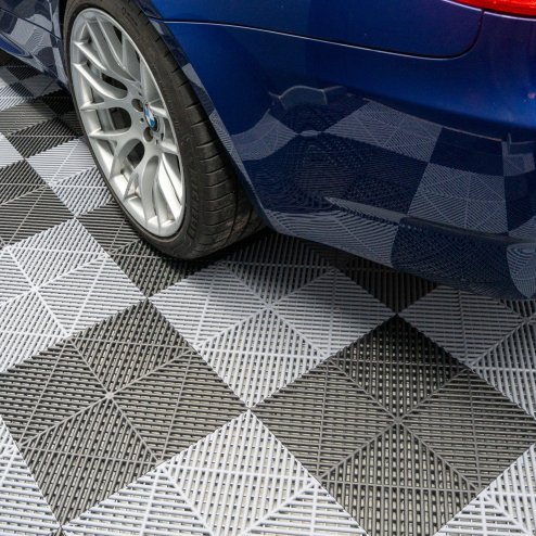 Vented Modular Interlocking Flooring Tiles & Edges 120 Black & 120 Grey Double Garage Heavy Duty Floor Mat Showroom Workshop Outdoor Polypropylene Anti Slip Weather Resistant Drainage 6m x 6m 36m2