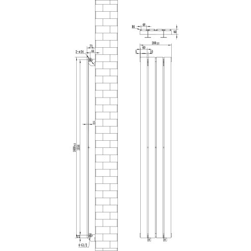 Flat Single Column Radiator & Valves - 1600mm x 280mm - Black