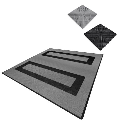Vented Modular Interlocking Flooring Tiles & Edges 165 Grey & 60 Black Double Garage Heavy Duty Floor Mat Showroom Workshop Outdoor Polypropylene Anti Slip Weather Resistant Drainage 6m x 6m 36m2
