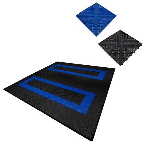 Vented Modular Interlocking Flooring Tiles & Edges 165 Black & 60 Blue Double Garage Heavy Duty Floor Mat Showroom Workshop Outdoor Polypropylene Anti Slip Weather Resistant Drainage 6m x 6m 36m2