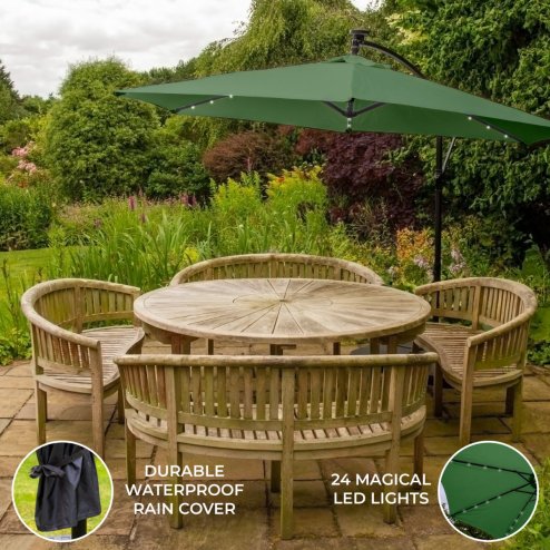 Green LED Cantilever Parasol 3m Banana Hanging Umbrella Garden Sun Shade Canopy Patio Outdoor 360 Rotation Tilt UV Protection Winding Crank 24 Solar Powered Cool White LED Lights Waterproof Rain Cover