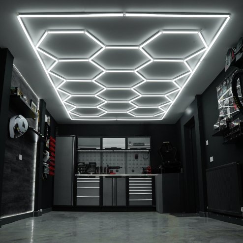 Hexagon LED Lighting 14 Lights & Border Car Detailing Shop Garage Workshop Gym Beauty Salon Showroom Honeycomb Modular Design Bright Pure White 120 Lumens 6500K Colour Temperature 3 Mounting Options