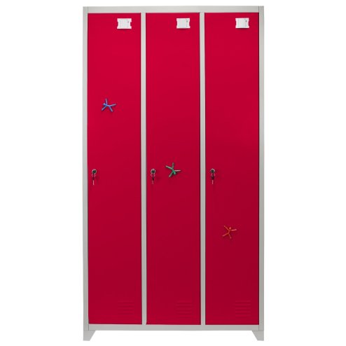 MonsterShop 3 Door Wide Steel Storage Lockers, Red & Grey Metal Lockable Unit, School Staff Gym Changing