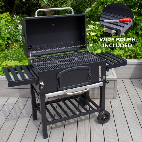 XXL BBQ Smoker Charcoal Barbecue Grill Portable Trolley Black Stainless Steel Adjustable Furnace Thermometer Side Shelves Hanging Hooks Bottle Opener Wheels Rain Cover Wire Brush Garden Patio Outdoor