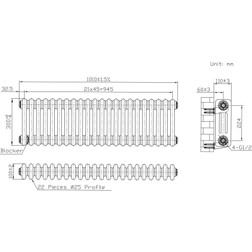 Traditional 3 Column Radiator - 300 x 830mm - Raw Metal