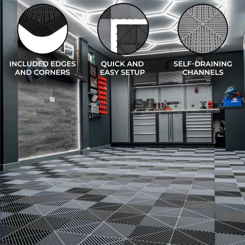Vented Modular Interlocking Flooring Tiles & Edges 60 Black & 60 Grey Single Garage Heavy Duty Floor Mat Showroom Workshop Outdoor Polypropylene Anti Slip Weather Resistant Drainage 3.2m x 6m 19.2m2