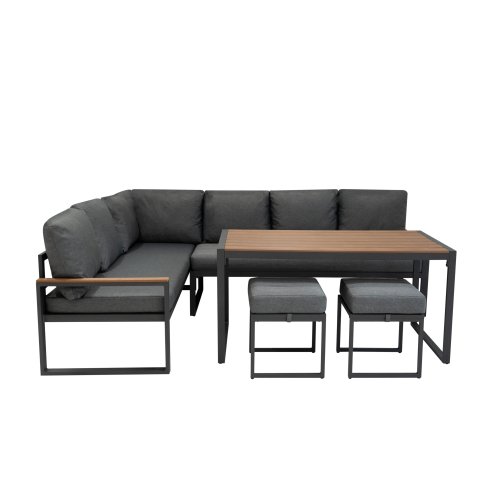 Aluminium Corner Sofa Set With Black Rattan Storage Box - Wood Effect