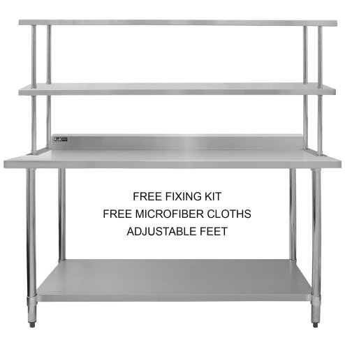 Prep Bench With Double Over-shelf Commercial Heavy Duty Work Table Kitchen Prep-table Stainless Steel Commercial Home Preparation Worktop 6ft