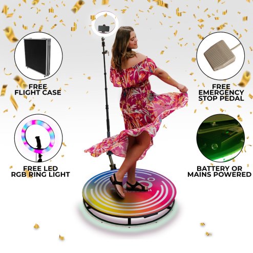 360 Photo Video booth 80cm Platform Rotating Selfie Spinner Party Wedding LED Ring Light Automatic Remote Control Bluetooth Adjustable Arm Slow Motion Battery or Mains Powered Flight Case Money Gun