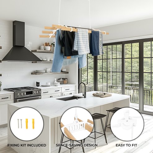 Clothes Airer Ceiling Pulley 6 Lath 0.9m White Maid Traditional Mounted Clothing Dryer Victorian Clothes Horse Laundry Drying Rack Extendable Cast Iron Varnished Pine Kitchen Utility FREE Fixing Kit