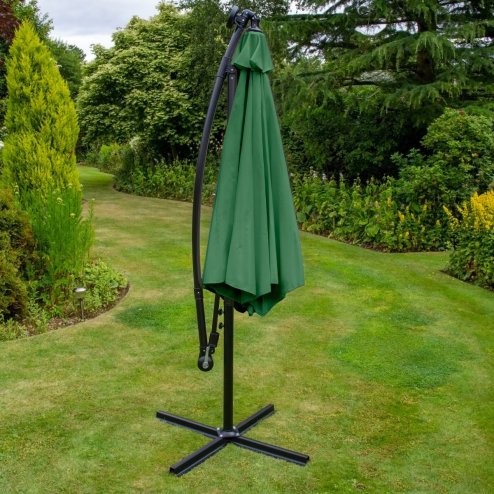 Green LED Cantilever Parasol 3m Banana Hanging Umbrella Garden Sun Shade Canopy Patio Outdoor 360 Rotation Tilt UV Protection Winding Crank 24 Solar Powered Cool White LED Lights Waterproof Rain Cover