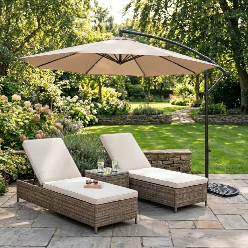 LED Cantilever Parasol 3m With Half Fan Base - Beige