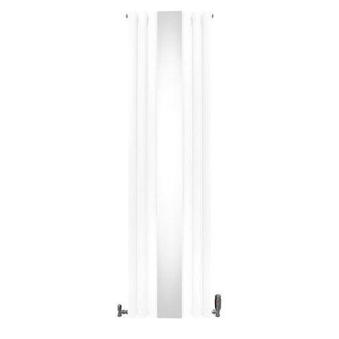 Oval Panel Radiator With Mirror 1800mm x 500mm & TRV Chrome Valves Designer Double Column Vertical White Carbon Steel Wall Mounted Kitchen Living Room Cleaning Brush Fixing Kit & Brackets