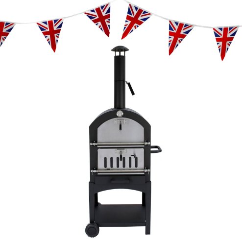 Outdoor Pizza Oven Portable Charcoal BBQ Smoker Pizza Maker Cooker Chimney Vent Temperature Gauge Storage Shelf & Union Jack Bunting 25 Triangle Flags 10m Double Sided FREE Pizza Peel, Stone & Cutter