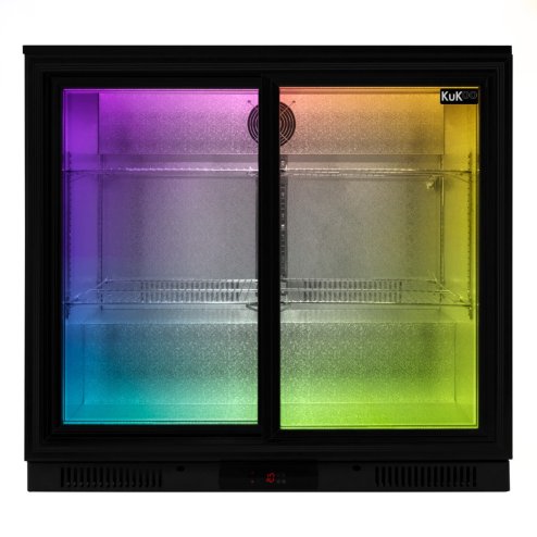Back Bar Fridge Cooler 208L Capacity Commercial Sliding Double Door Under Counter Black Chiller Self Closing 112 x 500ml Bottles Beer Wine 4 Adjustable Shelves Colour Changing LED Light 7 Colours