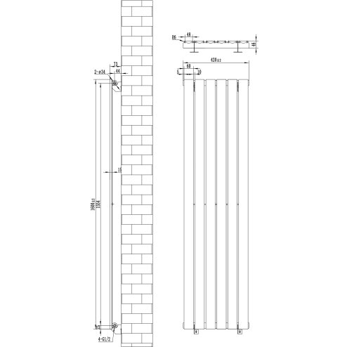 Flat Single Column Radiator - 1600 x 420mm - Black