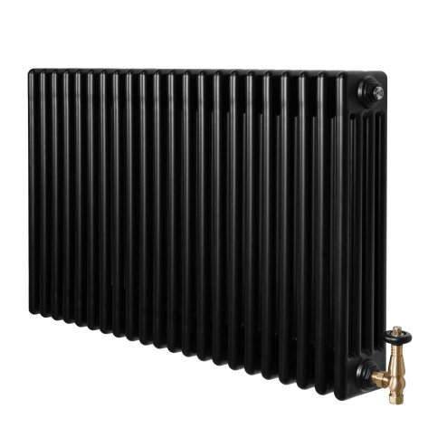 Traditional 4 Column Radiator & Valves - 600 x 1010mm - Black