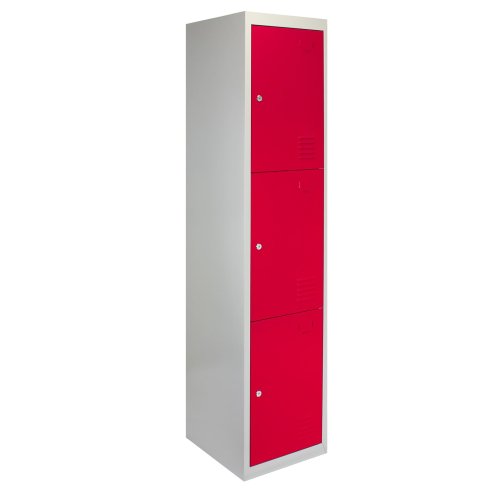 MonsterShop 3 Door Metal Storage Lockers, Flatpacked Red & Grey Steel Lockable Unit, Gym Changing School Staff