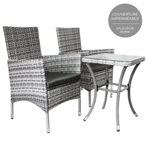 Garden Outdoor Rattan Bistro Set Furniture 3 PCs Patio Weave Companion Chair Table Set Conservatory Balcony 2 Seater Light Grey FREE Rain Cover