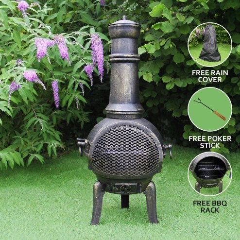 Chiminea Outdoor Patio Heater Garden Log Fire Pit Burner Wood Cast Iron Chimney Chimenea BBQ Frost Proof Spark Guard Rain Cover Poker Barbeque Toasting Rack | Bronze Effect | 110cm Tall