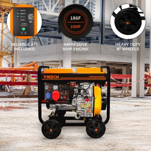 Portable Diesel Generator Open Frame ATS Electric Start 5kVA Three Phase 10HP 6.3kW 230 / 400V Emergency Power AC DC Output Powder Coated Steel 12.5L Fuel Capacity 77dB 4 x 8