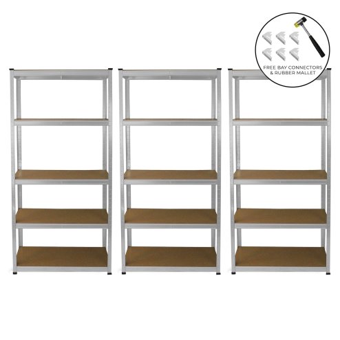 3 Garage Shelving Units 5 Tier Racking Storage Warehouse Bays Industrial Heavy Duty Boltless Galvanised Steel Shelves / FREE Rubber Mallet & Bay Connectors