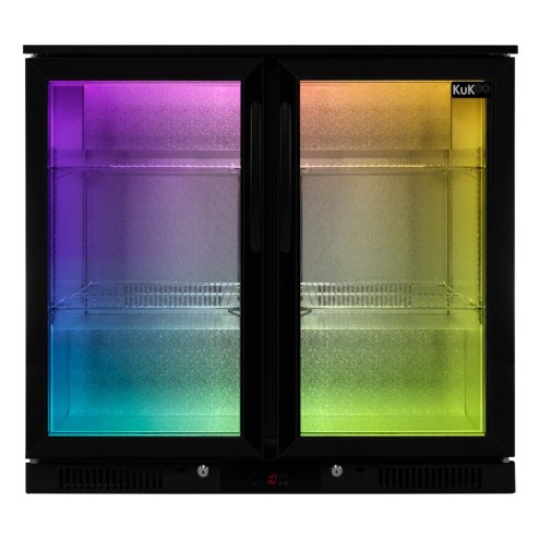 Back Bar Fridge Cooler 208L Capacity Commercial Hinged Double Door Under Counter Black Chiller Self Closing 112 x 500ml Bottles Beer Wine 4 Adjustable Shelves Colour Changing LED Light 7 Colours