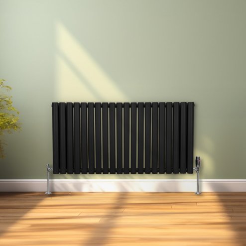 Oval Column Radiator 600mm x 1200mm & TRV Chrome Valves Modern Designer Double Panel Central Heating Heater Black Steel Horizontal Kitchen Living Room FREE Cleaning Brush Fixing Kit & Brackets