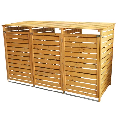 Triple Wheelie Bin Store Strong Wooden Shed Recycling Store Natural Timber Lockable Latched Hinged Firewood Garden Tools Storage FREE Fixing Kit 120cm (H) x 198cm (W) x 81cm (D)