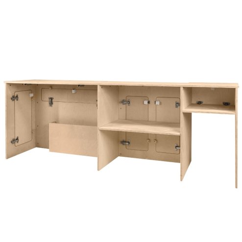 Camper Van Kitchen Pod RHD Conversion Unit Flat Pack Motorhome Campervan Furniture Foldaway Table Built In Storage Cupboards Fridge Space Towel Holder 15mm Birch Plywood SWB VW T5 & T6 Transporters