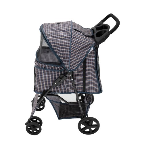 Pet Stroller Pushchair & Caddy Bag Organiser Detachable Blue Tartan Foldable Carrier 15kg Capacity Wheels Brakes Dog Hook Leash Canopy Mesh Windows Basket Cup Holders Pockets & Waterproof Rain Cover