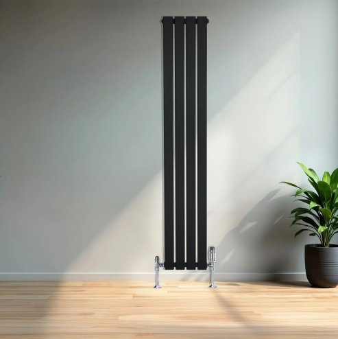 Flat Single Column Radiator & Valves - 1600mm x 280mm - Black