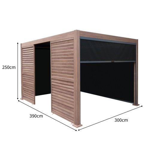 Wood Effect Aluminium Pergola With Blinds, 2 x Side Panels & LED Lights - 4m x 3m
