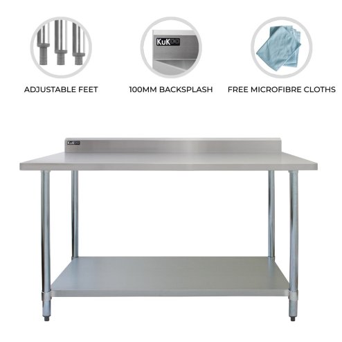 4FT Kitchen Work Bench Catering Table Commercial Stainless Steel Food Prep Surface Restaurant Storage Shelf 250kg Weight Capacity Adjustable Height 10cm Backsplash Upstand 2 x FREE Microfibre Cloths