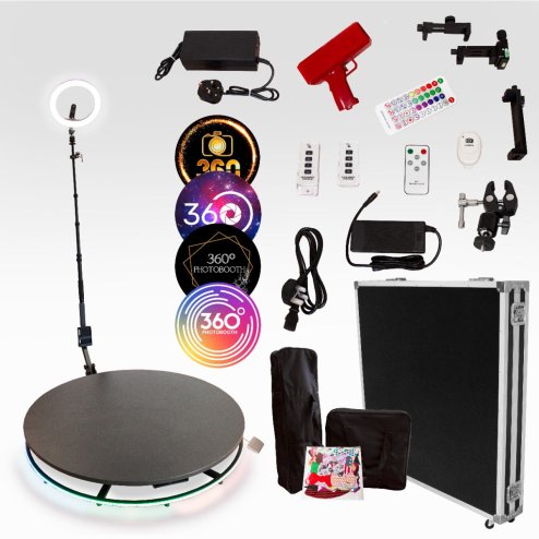 360 Photo Video booth 115cm Platform Rotating Selfie Spinner Party Wedding LED Ring Light Automatic Remote Control Bluetooth Adjustable Arm Slow Motion Battery or Mains Powered Flight Case Money Gun