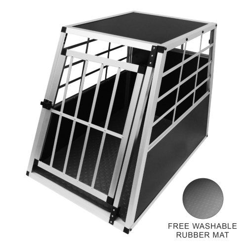 Pet Car Transport Crate Cage Large Aluminium Travel Box Trapezoidal Dog Cat Puppy Carrier Estate Vehicle 1 Door 69 x 65 x 90cm | FREE Plastic Washable Mat