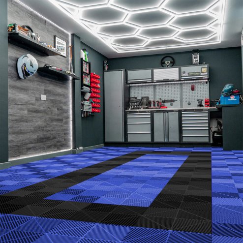 Vented Modular Interlocking Flooring Tiles 90 Blue & 30 Black With Edges & Hexagon LED Lighting 14 White Lights & Border 6500K 3 Mount Options & Suspended Ceiling Kit Single Garage Floor Mat 3.2m x 6m