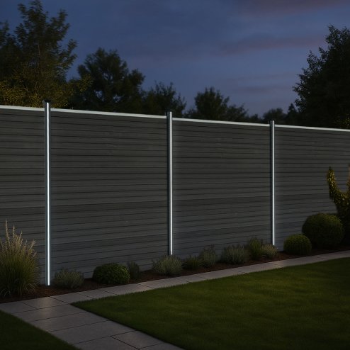 Composite Fence Panels, Angled Piece & LED Posts 6ft x 60ft - Grey
