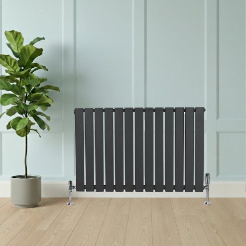 Flat Single Column Radiator & Valves - 600mm x 910mm - Anthracite Grey