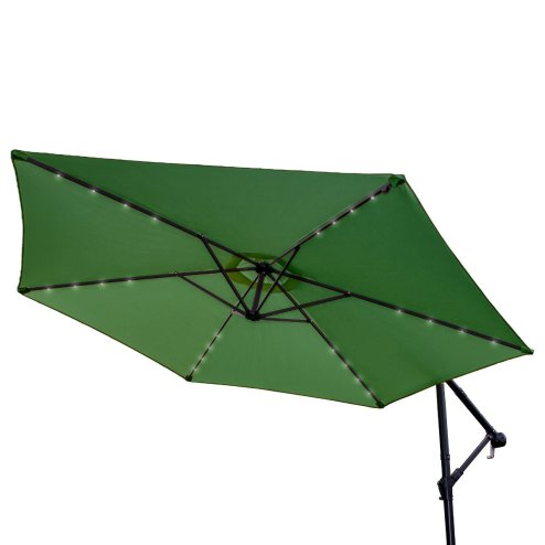 Green LED Cantilever Parasol 3m Banana Hanging Umbrella Garden Sun Shade Canopy Patio 360 Rotation Tilt UV Protection Winding Crank 24 Solar Powered Cool White LED Lights Waterproof Rain Cover & Base