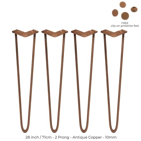 4Pcs Hairpin Table Legs Industrial Style DIY Furniture Heavy-duty Sturdy Welded Metal Steel Desk With FREE Screw Pack And Protector Feet Antique Copper 2 Prong Rods 28 Inch Height 10mm Thickness