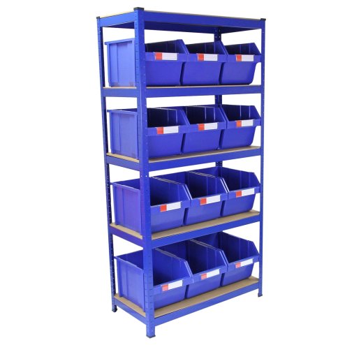 T-Rax 90cm Racking & Storage Bins Stacking Boxes Blue Storage Set Warehouse Garage Boltless Bay Shelving Unit