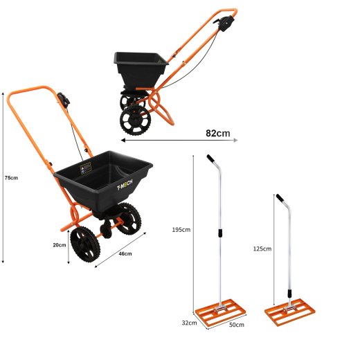 Lawn Leveller & Rotary Spreader Gritter Fertiliser Garden Levelling Rake Lute 50cm x 32cm Orange Removable Extendable Handle Easy Grip Salt Grit Sand Seed Rain Cover & Gloves