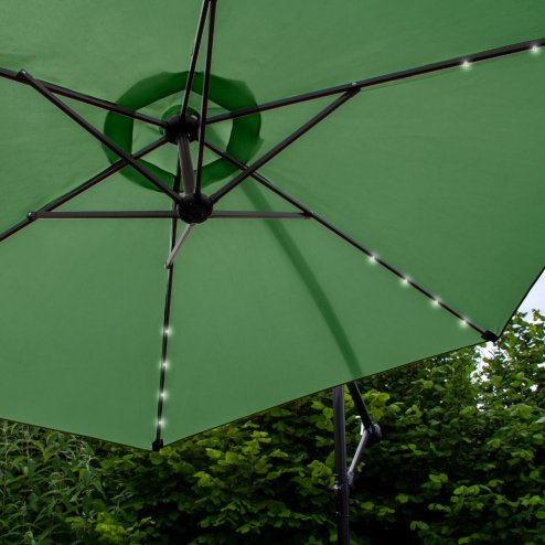 Green LED Cantilever Parasol 3m Banana Hanging Umbrella Garden Sun Shade Canopy Patio 360 Rotation Tilt UV Protection Winding Crank 24 Solar Powered Cool White LED Lights Waterproof Rain Cover & Base