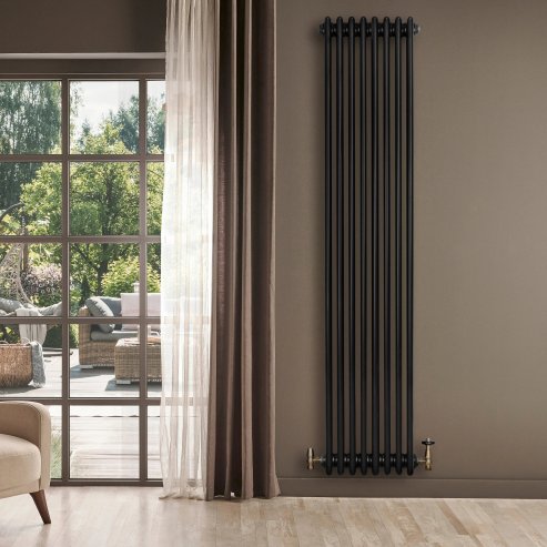 Traditional 4 Column Radiator & Valves - 1800 x 380mm - Black