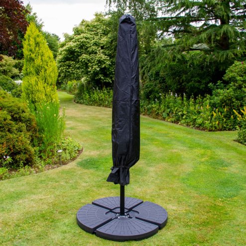 Black LED Cantilever Parasol 3m Banana Hanging Umbrella Garden Sun Shade Canopy Patio 360 Rotation Tilt UV Protection Winding Crank 24 Solar Powered Cool White LED Lights Waterproof Rain Cover & Base