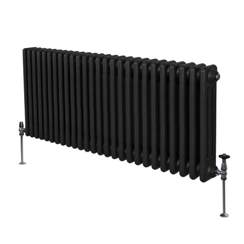 Traditional 3 Column Radiator 600mm x 1192mm Modern Central Heating Heater Matt Black Carbon Steel Horizontal Wall Mounted Kitchen Living Room Bathroom Cleaning Brush Fixing Kit & Brackets