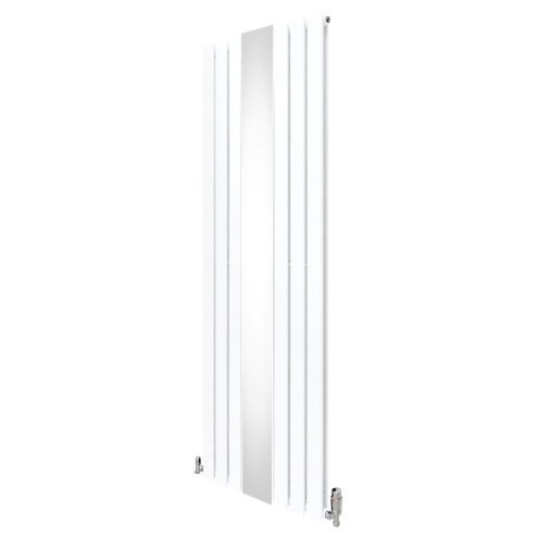 Flat Panel Radiator With Mirror 1800mm x 565mm & TRV Chrome Valves Designer Double Column Vertical White Carbon Steel Wall Mounted Kitchen Living Room Cleaning Brush Fixing Kit & Brackets