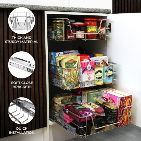 KuKoo 2 x Kitchen Pull Out Soft Close Baskets, 400mm Wide Cabinet, Slide Out Wire Storage Drawers